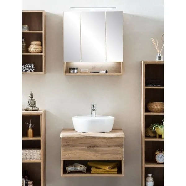 Ensemble de salle de bain Kaprun | Armoire de toilette et armoire de toilette avec éclairage | Wotan Oak