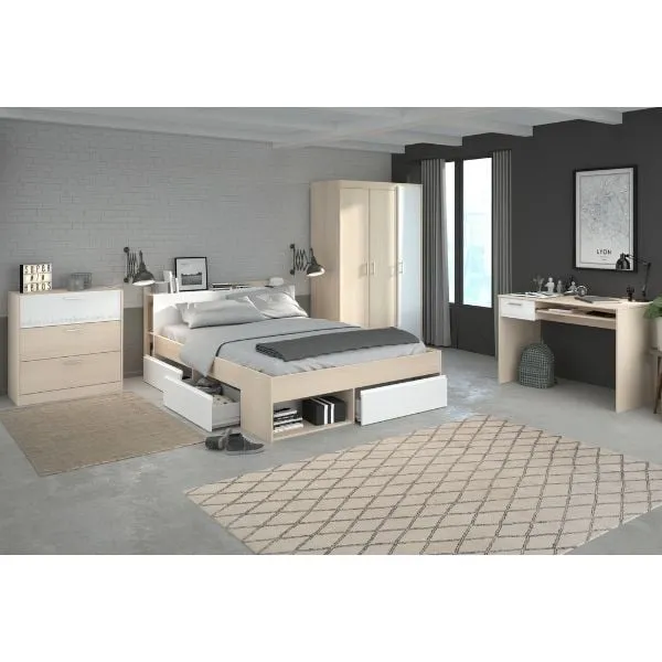 Ensemble de chambre Most | Lit double avec espace de rangement, armoire, bureau, commode