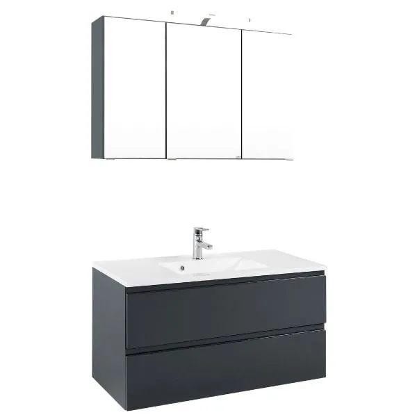 Ensemble de salle de bain Cardiff | Meuble lavabo, armoire de toilette avec éclairage | Gris