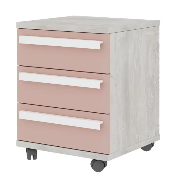 Table de chevet Bo0 avec roulettes, 3 tiroirs et poignée oblongue - pin/rose vieux