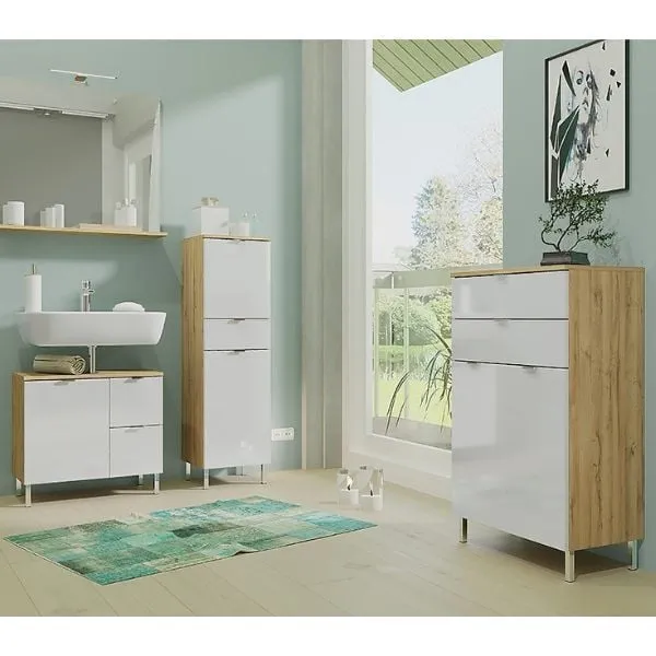 Ensemble de salle de bain Mauro | Meuble lavabo, meuble moyen, meuble colonne, miroir avec éclairage | Chêne Grandson