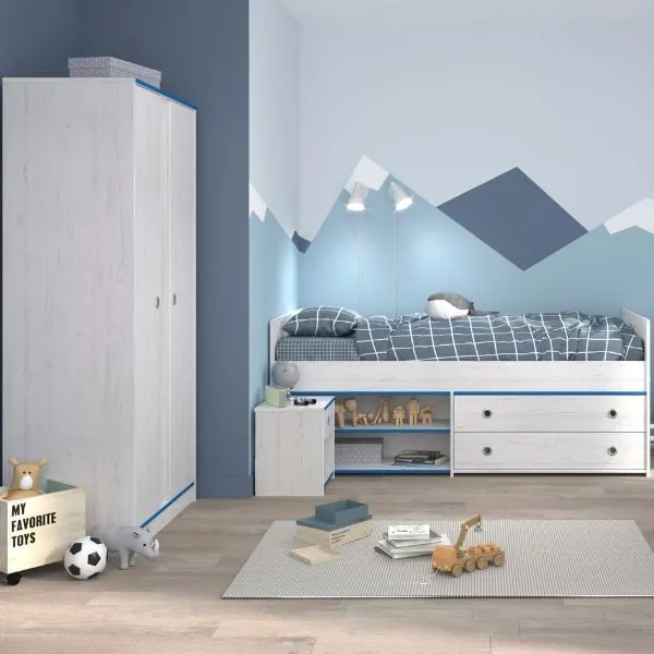 Ensemble de chambre d'enfant Smoozy | Lit bébé, armoire et table de chevet | Blanc