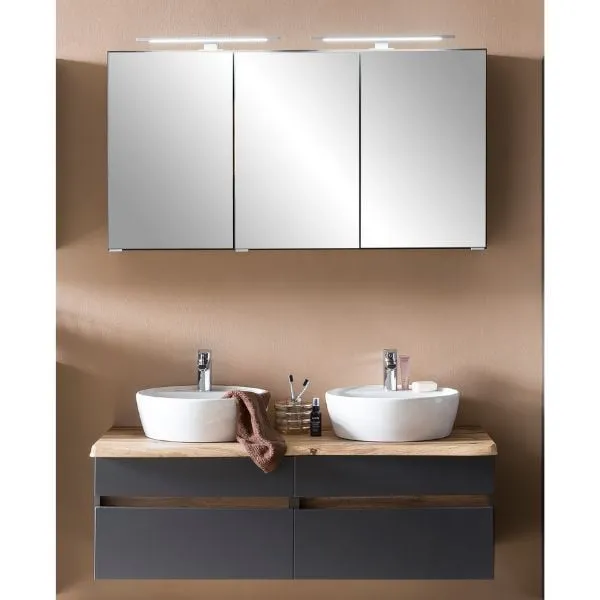 Ensemble de salle de bain Villach | Meuble double vasque et armoire de toilette avec éclairage | Design gris graphite
