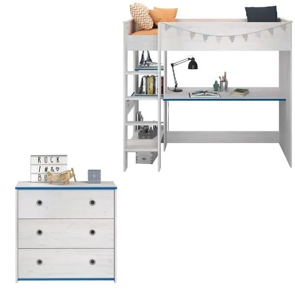 Ensemble de chambre d'enfant Smoozy | Dormeur en hauteur et commode | Blanc