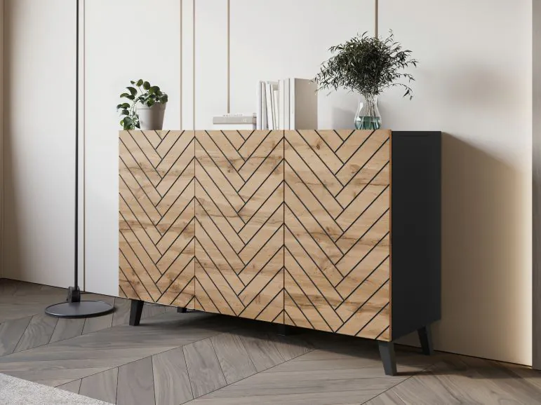 Buffet/bahut FUKETTE 3 portes graphite/chêne wotan