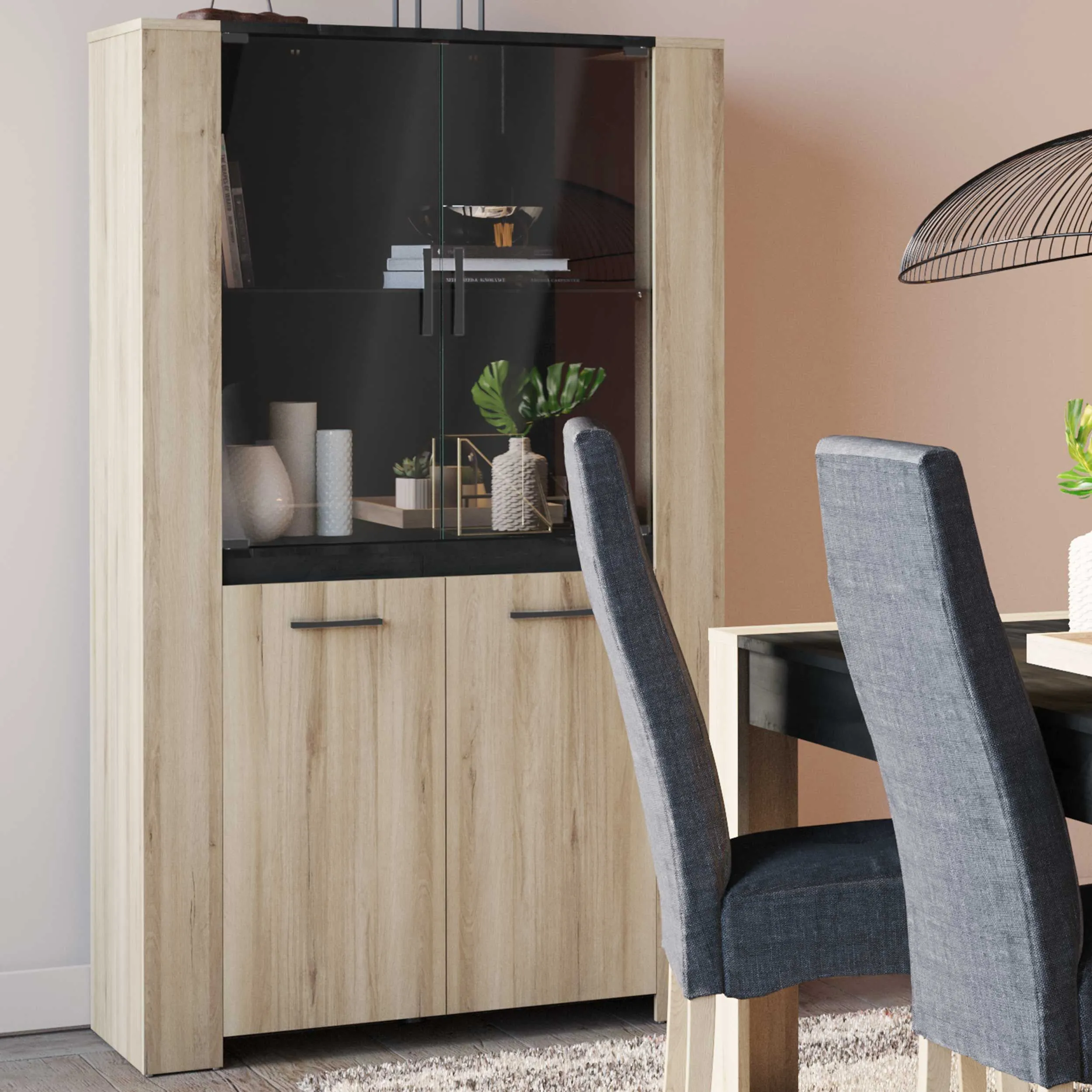 Vitrine Shane 4 portes tournantes et 2 étagères-Chêne Kronberg/Noir Sidewalk