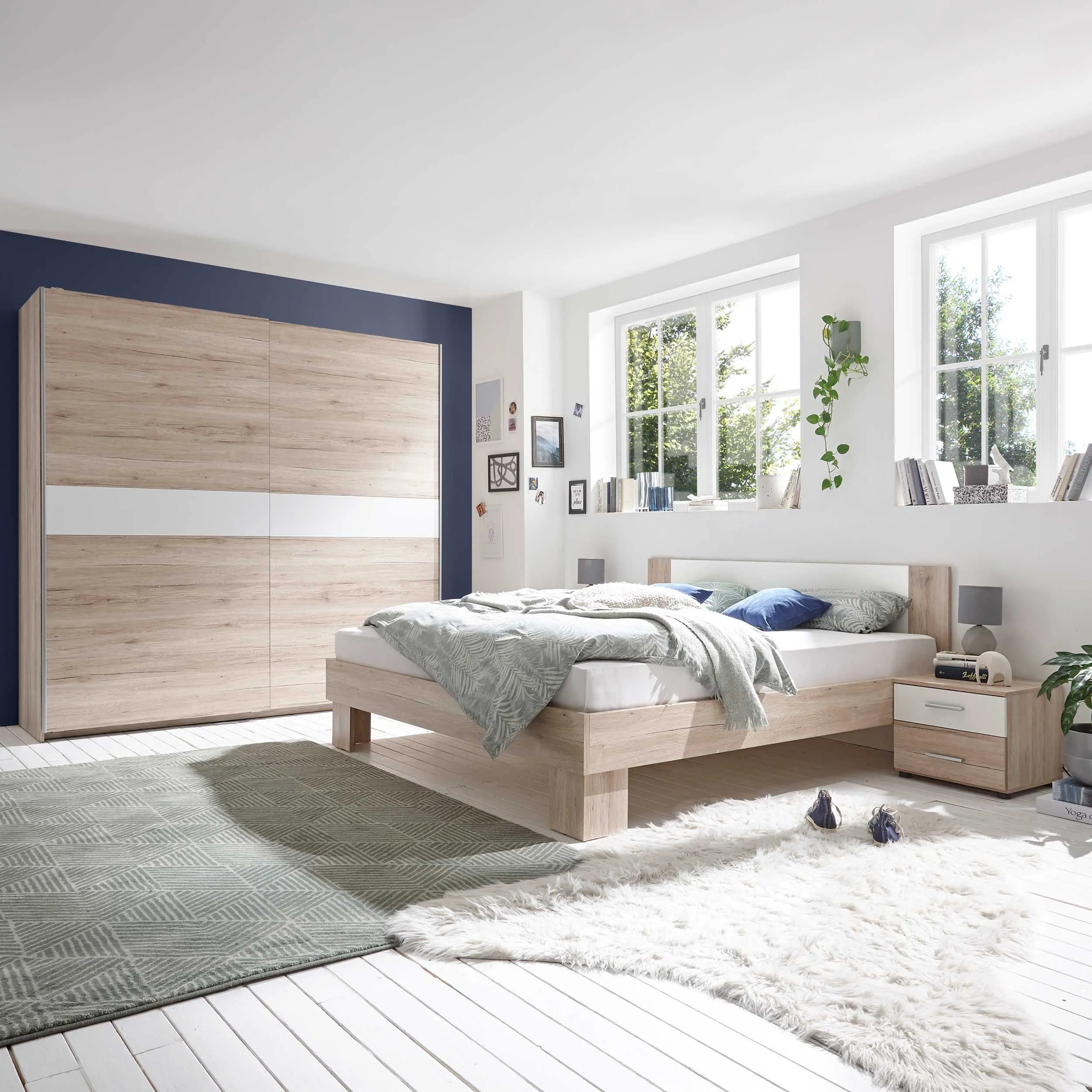 Set de chambre Lola avec lit 160x200, 2 chevets et armoire - chêne/blanc