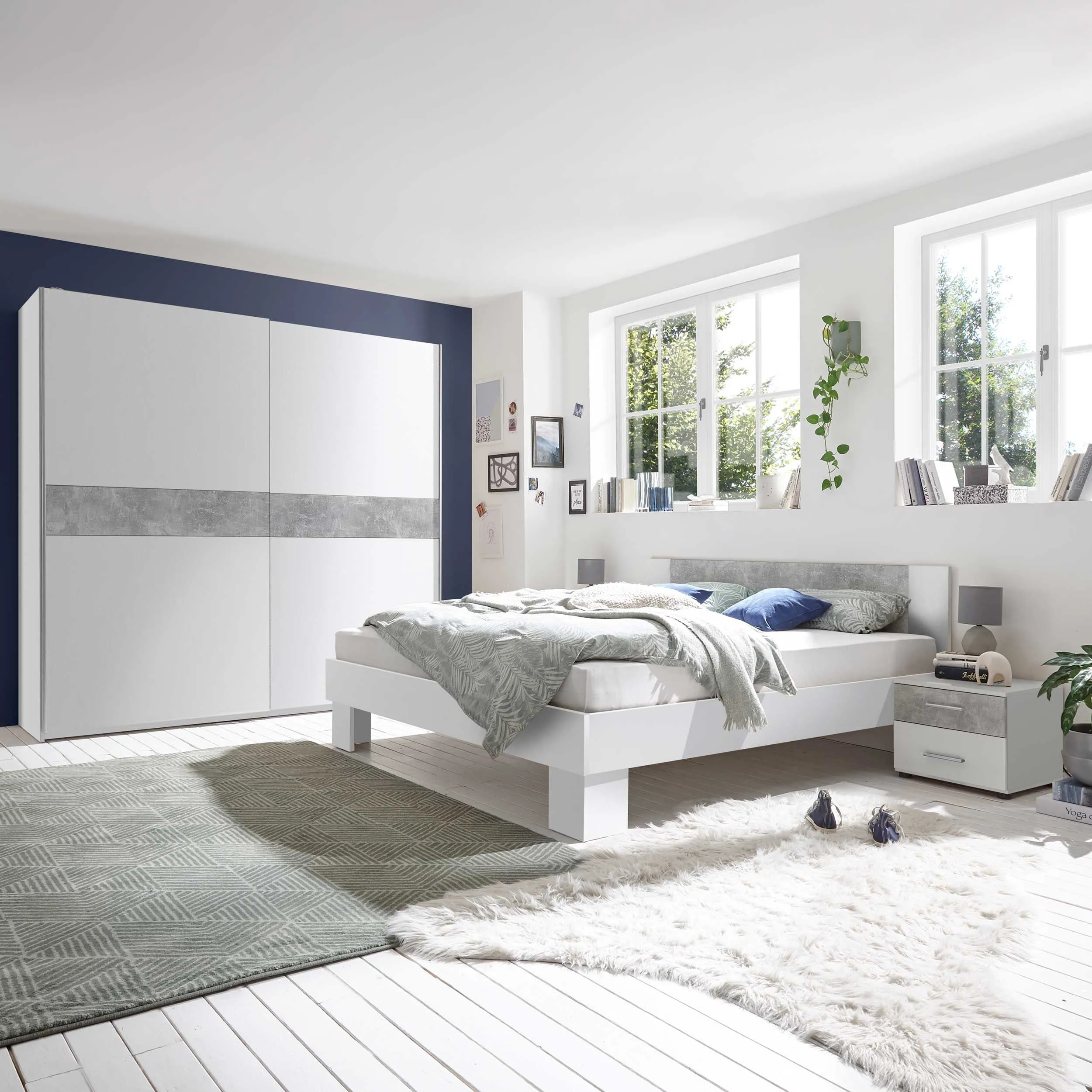Set de chambre Lola avec lit 160x200, 2 chevets et armoire - blanc/béton