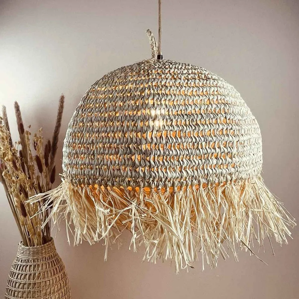 Abat-jour Coupole pour Luminaire en raphia avec franges fait main