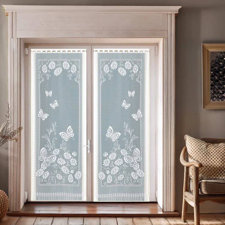 Paire de vitrages frangés et dentellés papillons