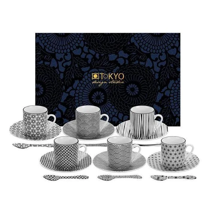Nippon Black, coffret 6 tasses à café, soucoupes et cuillères