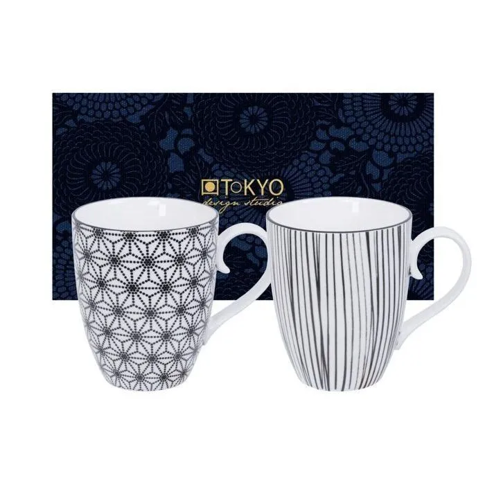 Nippon Black, 2 mugs motifs étoiles et lignes, coffret cadeau