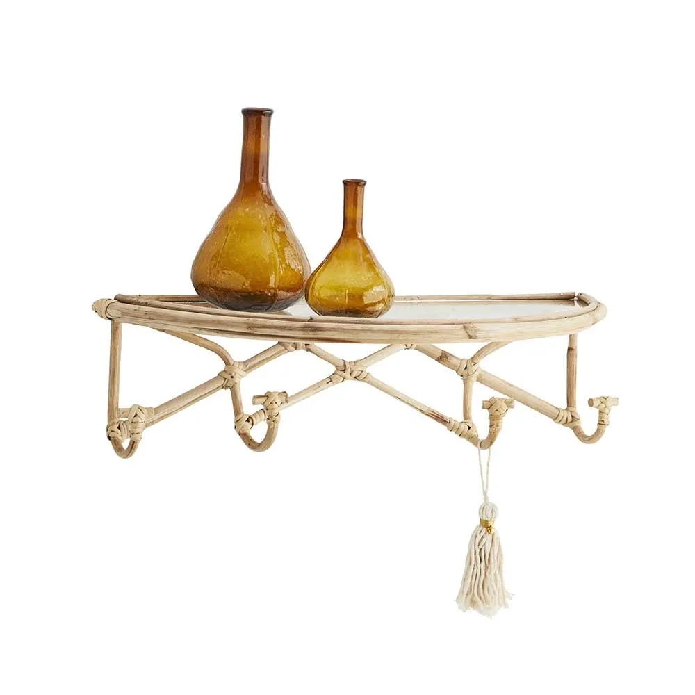 Etagère murale naturelle en bambou avec tablette en verre et 4 crochets