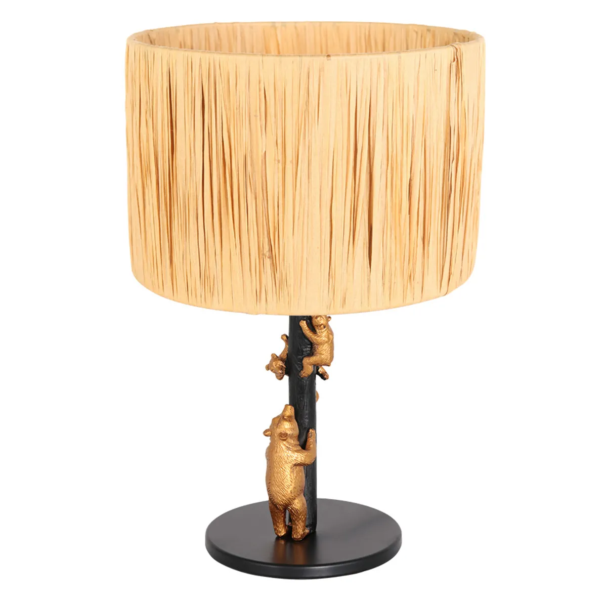 Lampe de chevet noire avec ours dorés abat-jour raphia  Steinhauer Animaux naturel et noir