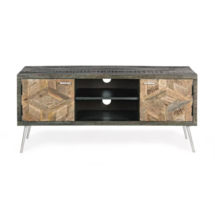 Yemarin, meuble TV vintage, détail de marqueterie