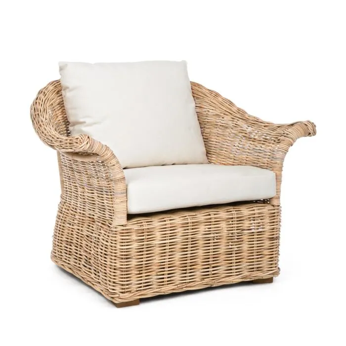 Pampelonne, fauteuil de jardin rotin, coussins écrus