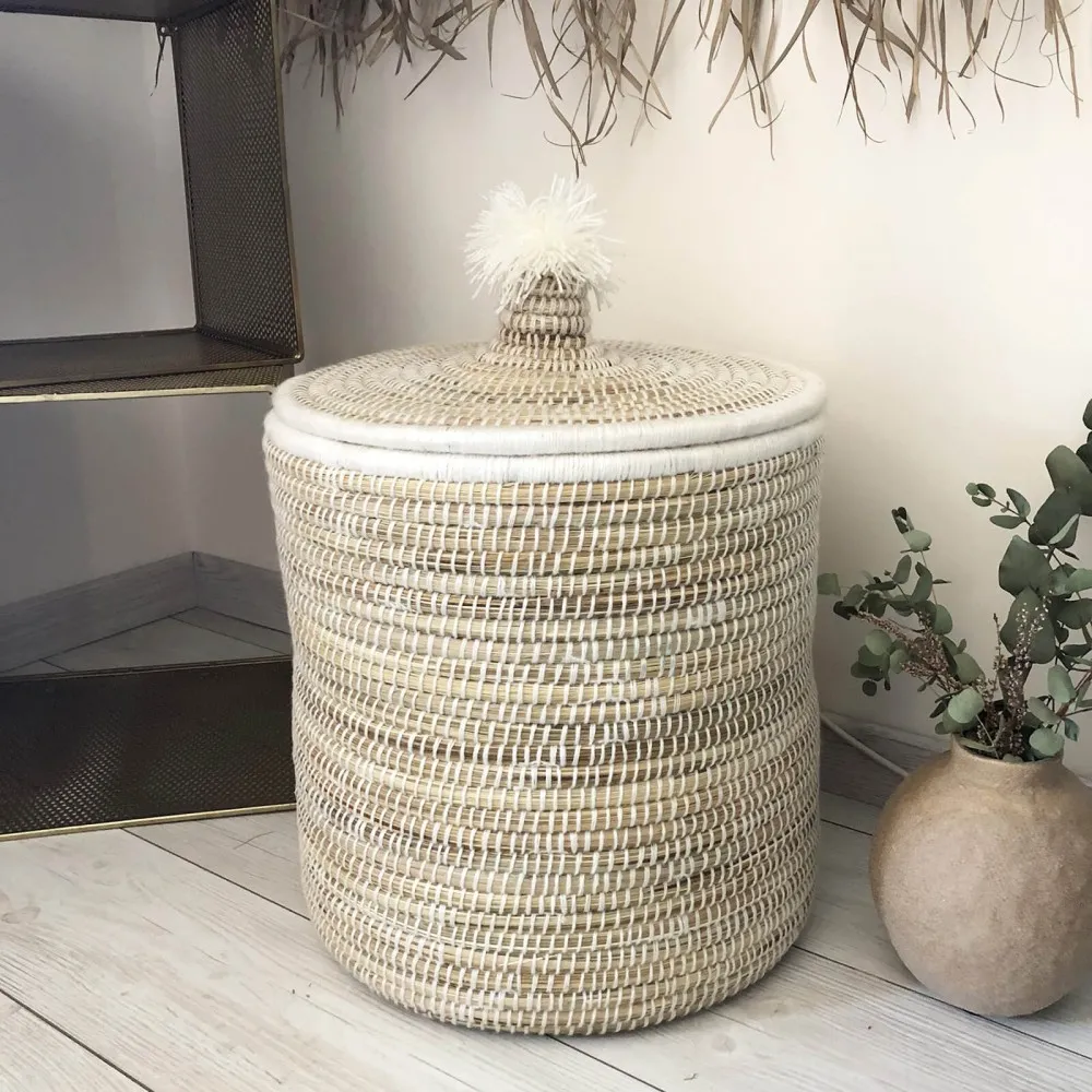 Panière Berbère de rangement en Palmier et laine - Fait main