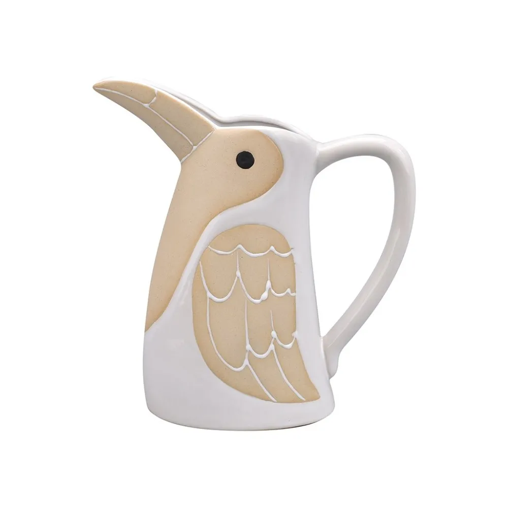 Pichet, carafe ou vase oiseau en grès blanc et beige