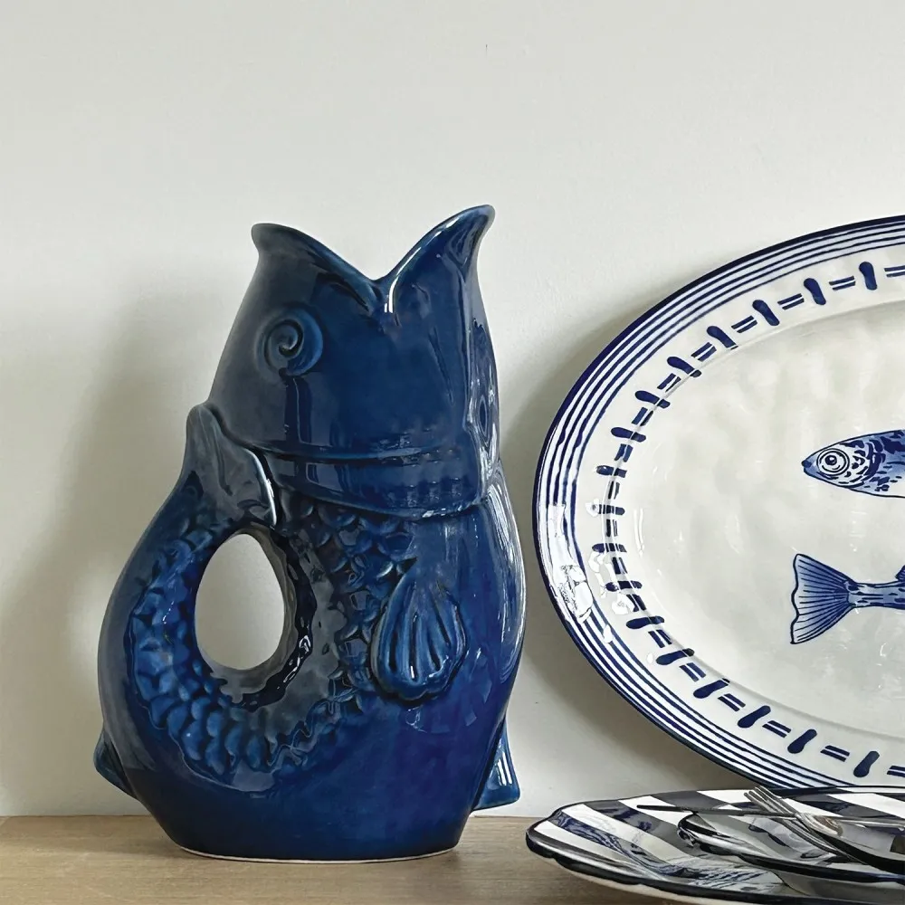 Pichet ou vase céramique poisson bleu foncé