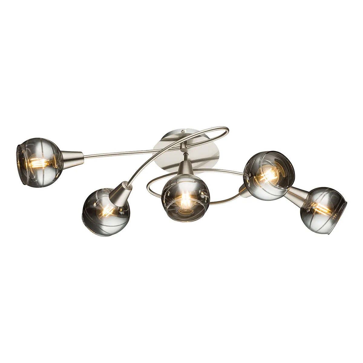 Plafonnier rond nickel 5 abat-jours en verre fumé Globo Roman