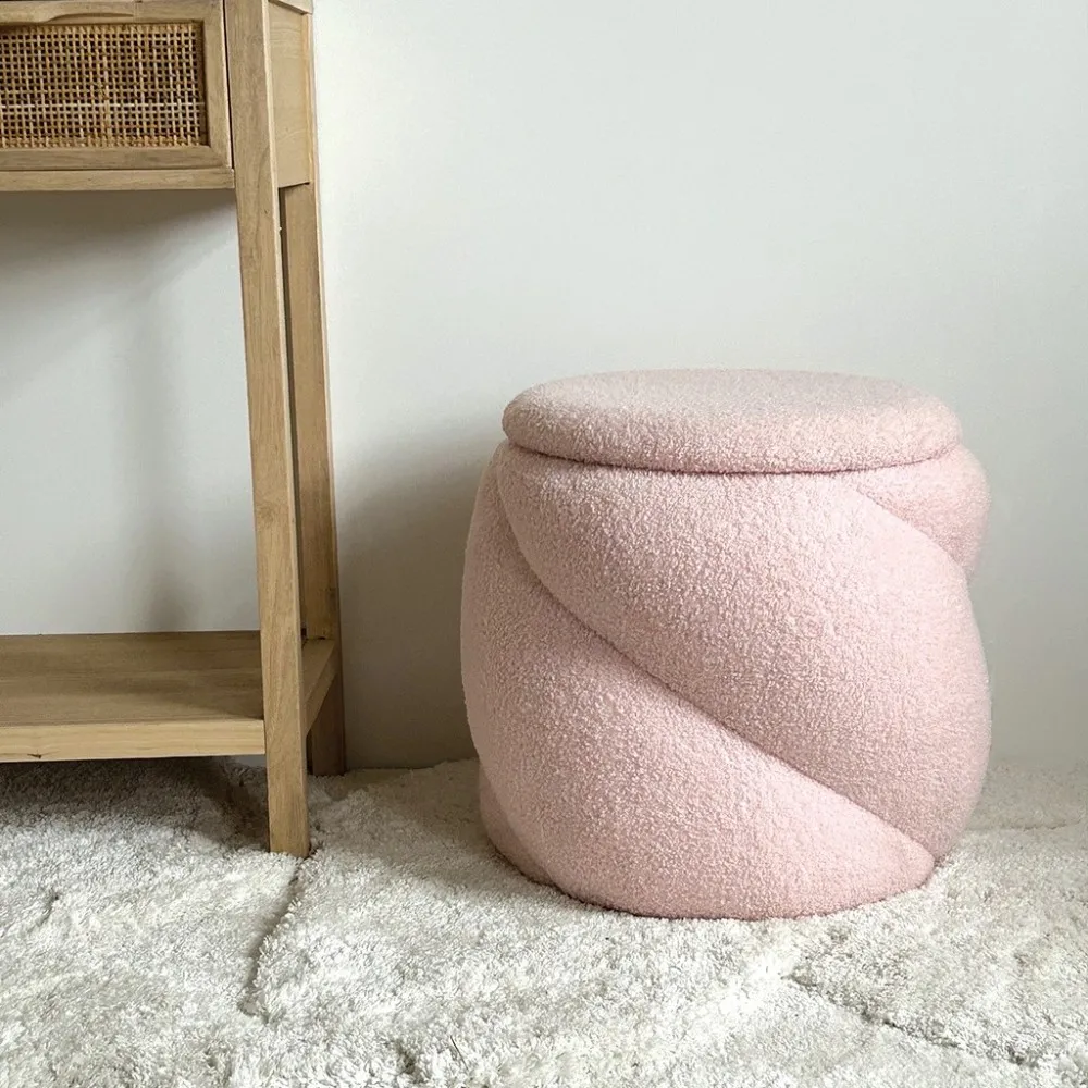 Pouf coffre Teddy en bouclette rose H44cm