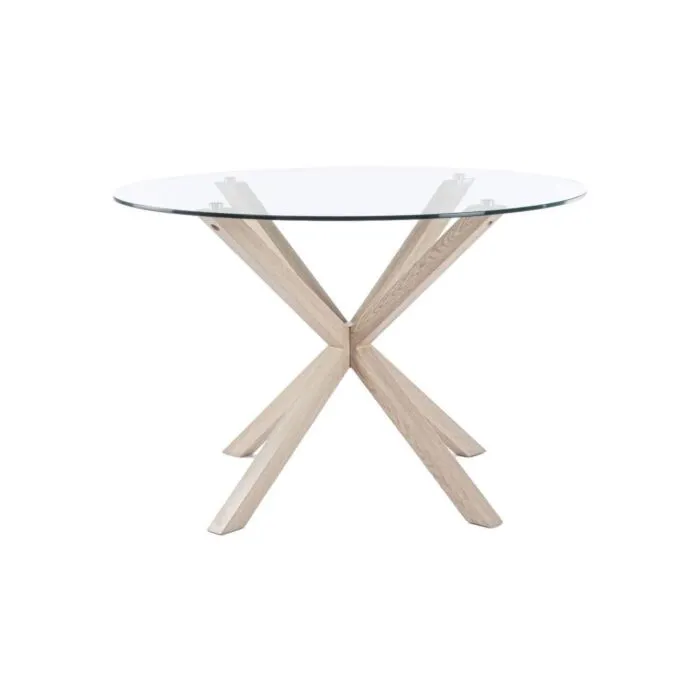 Alli, table ronde métal effet bois, plateau verre