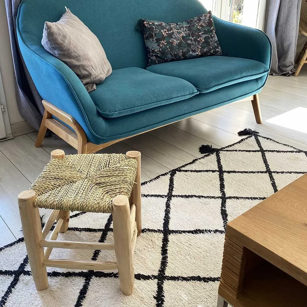 Tabouret Marocain taille M en Bois brut et Paille